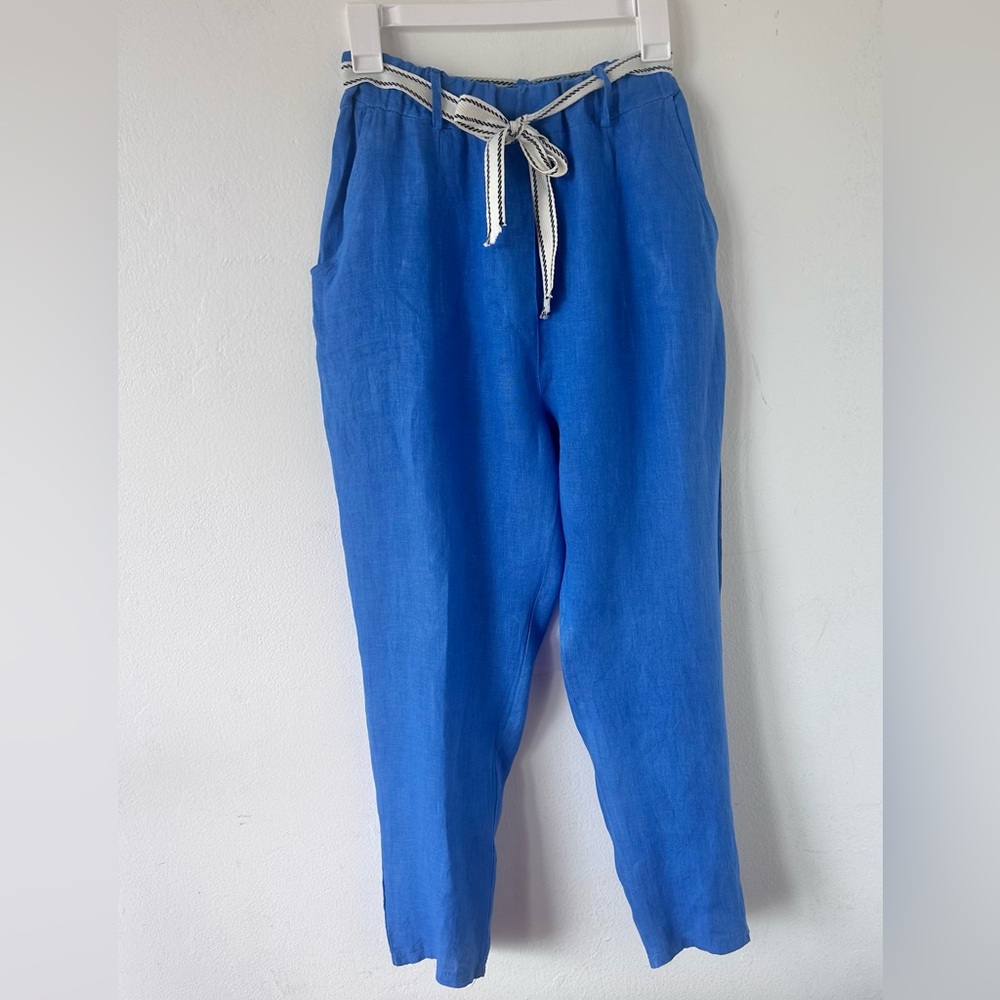 Italian made Blue Elastic Waist 100% Linen Casual Pants - Women's Size S Flaw